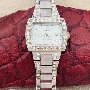 Fossil AM-4131 Stainless/Gemmed/Barrel Case/MOP Women's Dress Watch New Battery!